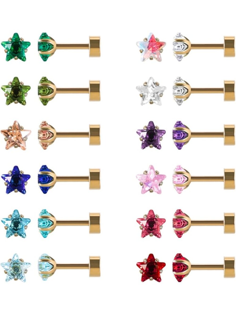 12 Pairs Surgical Steel Flat Back Stud Earrings Set - Gold Plated CZ Heart Star